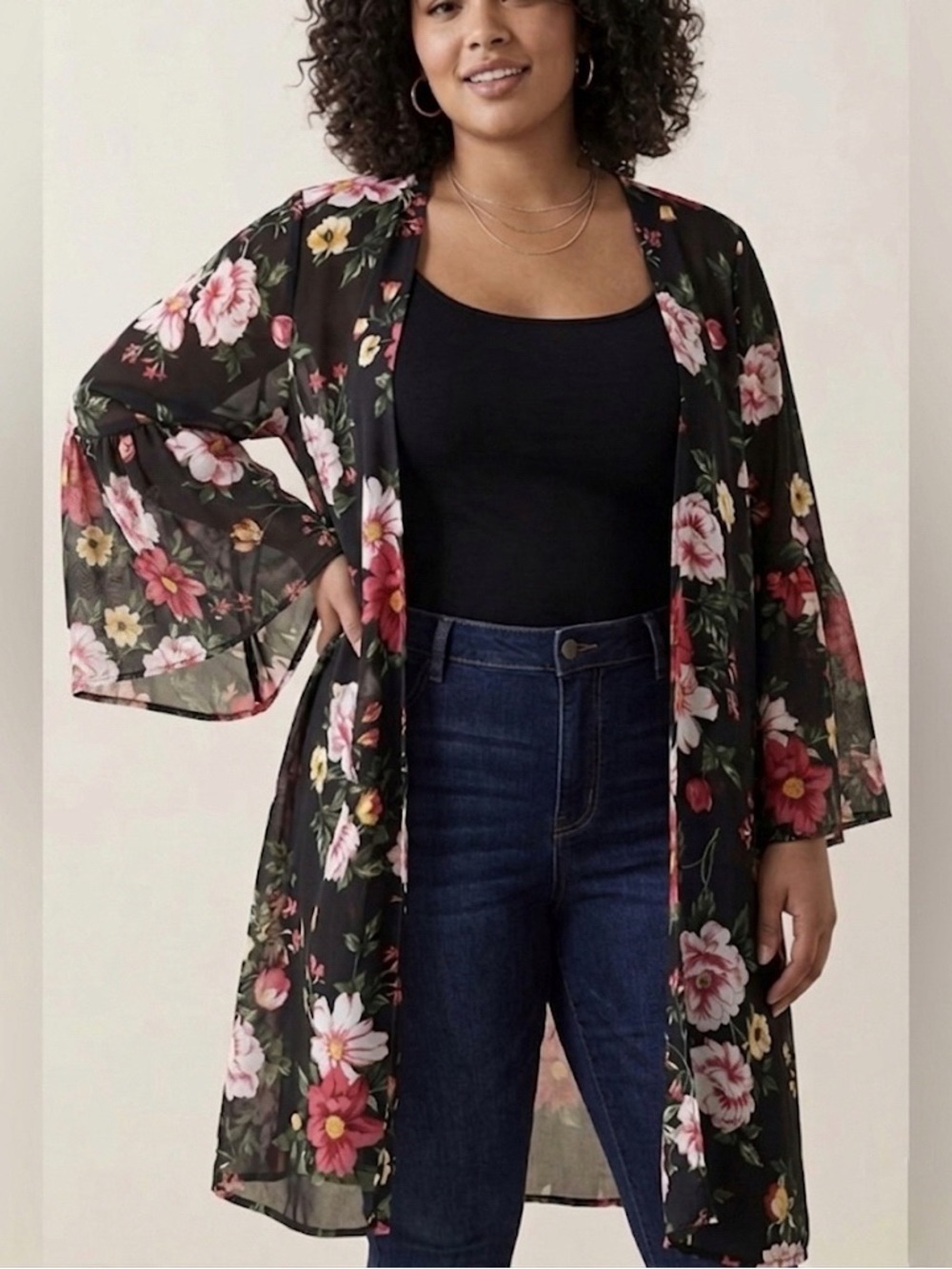 Torrid Black Floral Chiffon Kimono Ruffle Bell Sleeve Duster Plus Size 1X 2X